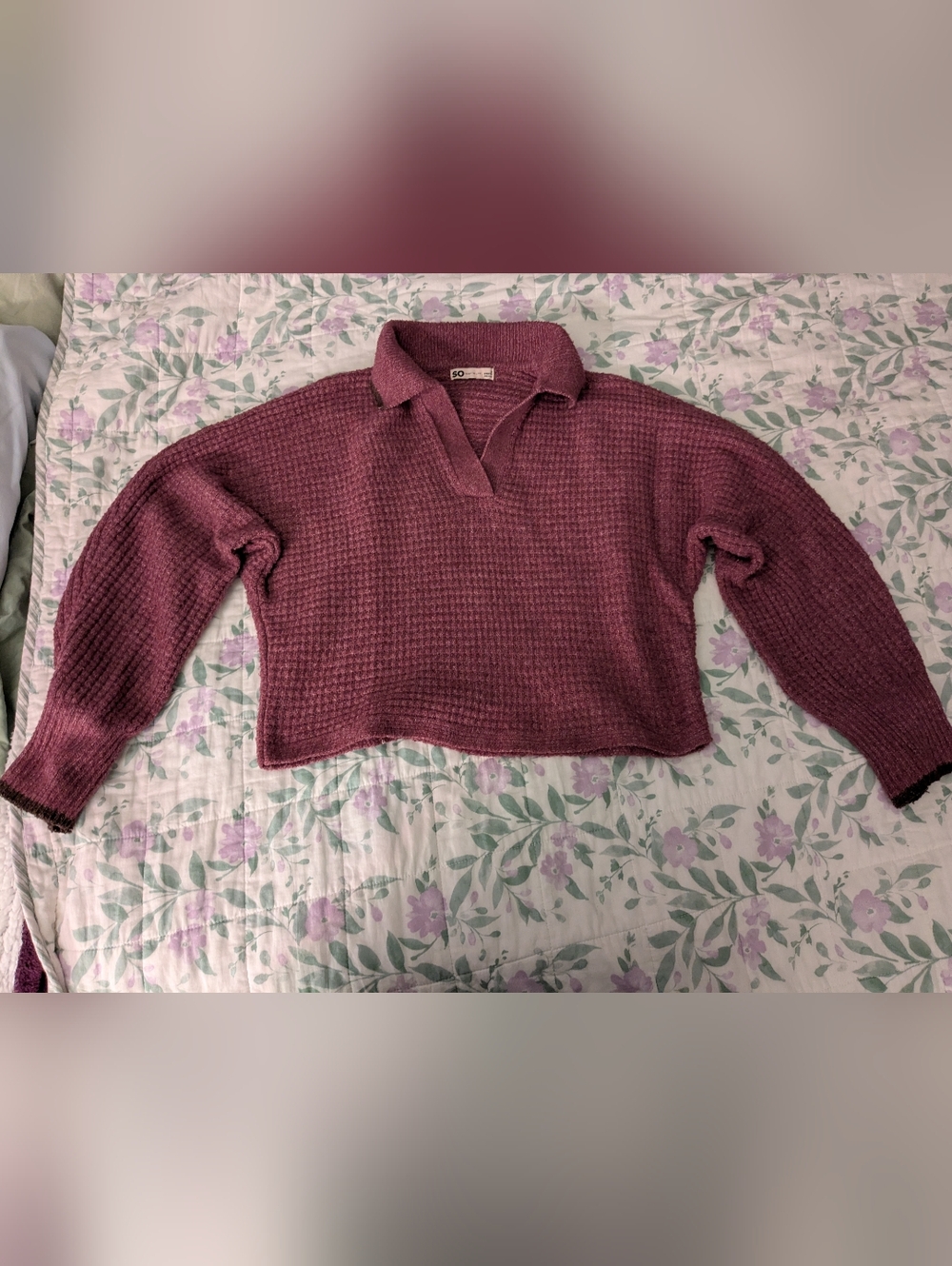 SO Medium Dark Mauve Cropped Knit Sweater With Collar